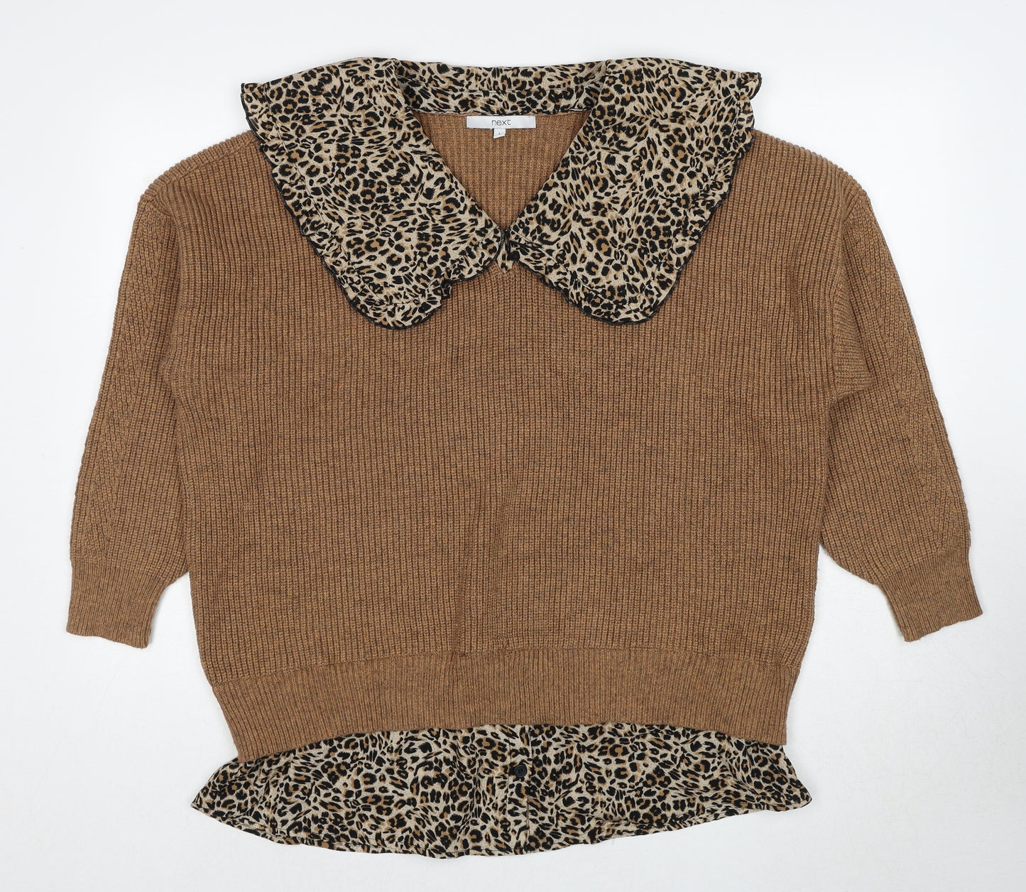 NEXT Womens Brown Collared Viscose Pullover Jumper Size L - Leopard Pattern