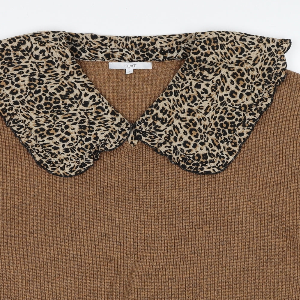 NEXT Womens Brown Collared Viscose Pullover Jumper Size L - Leopard Pattern