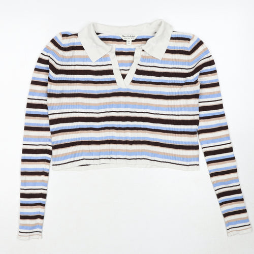 Miss Selfridge Womens Multicoloured Collared Striped Viscose Pullover Jumper Size 12