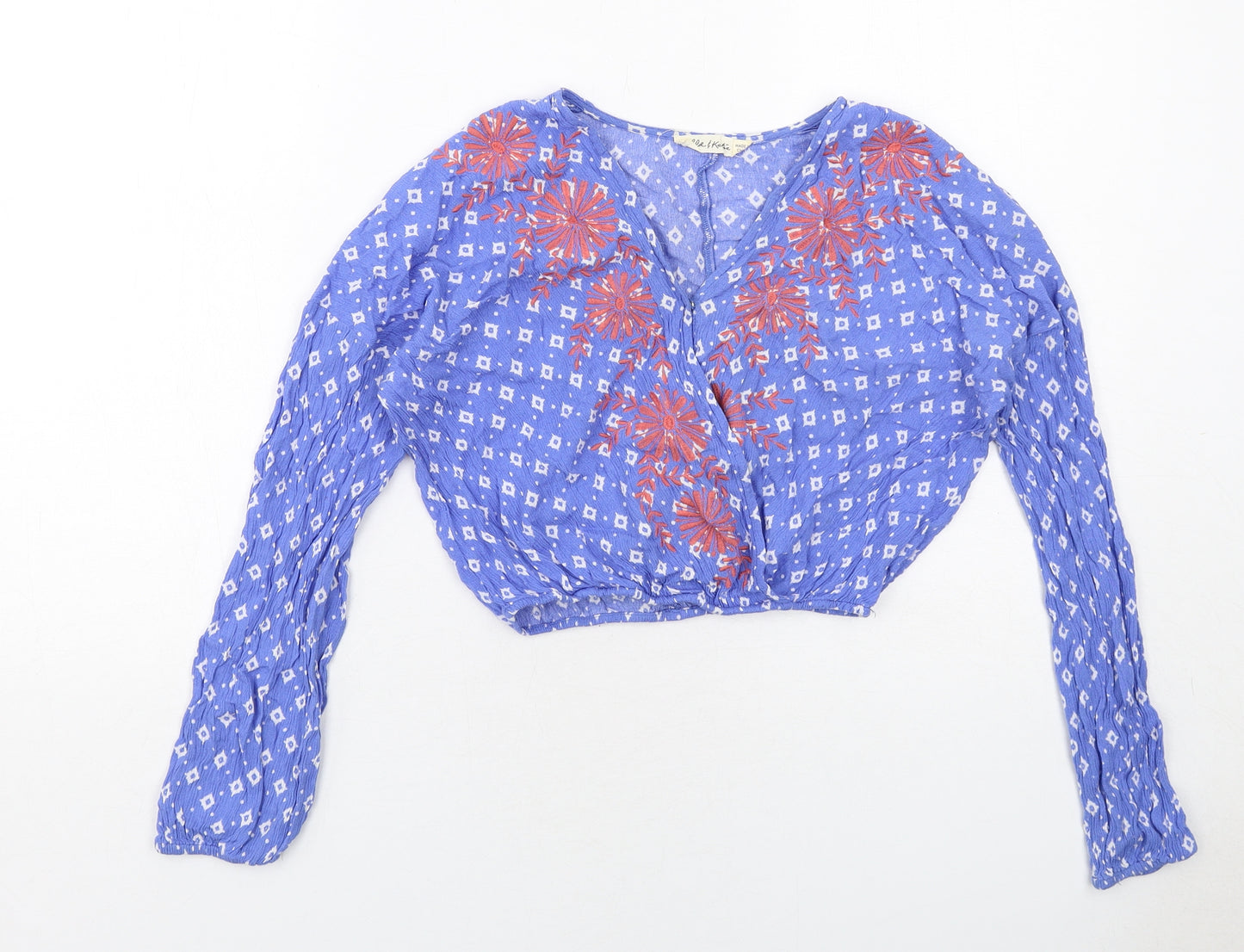 Chloe & Katie Womens Blue Geometric Viscose Basic Blouse Size XS V-Neck