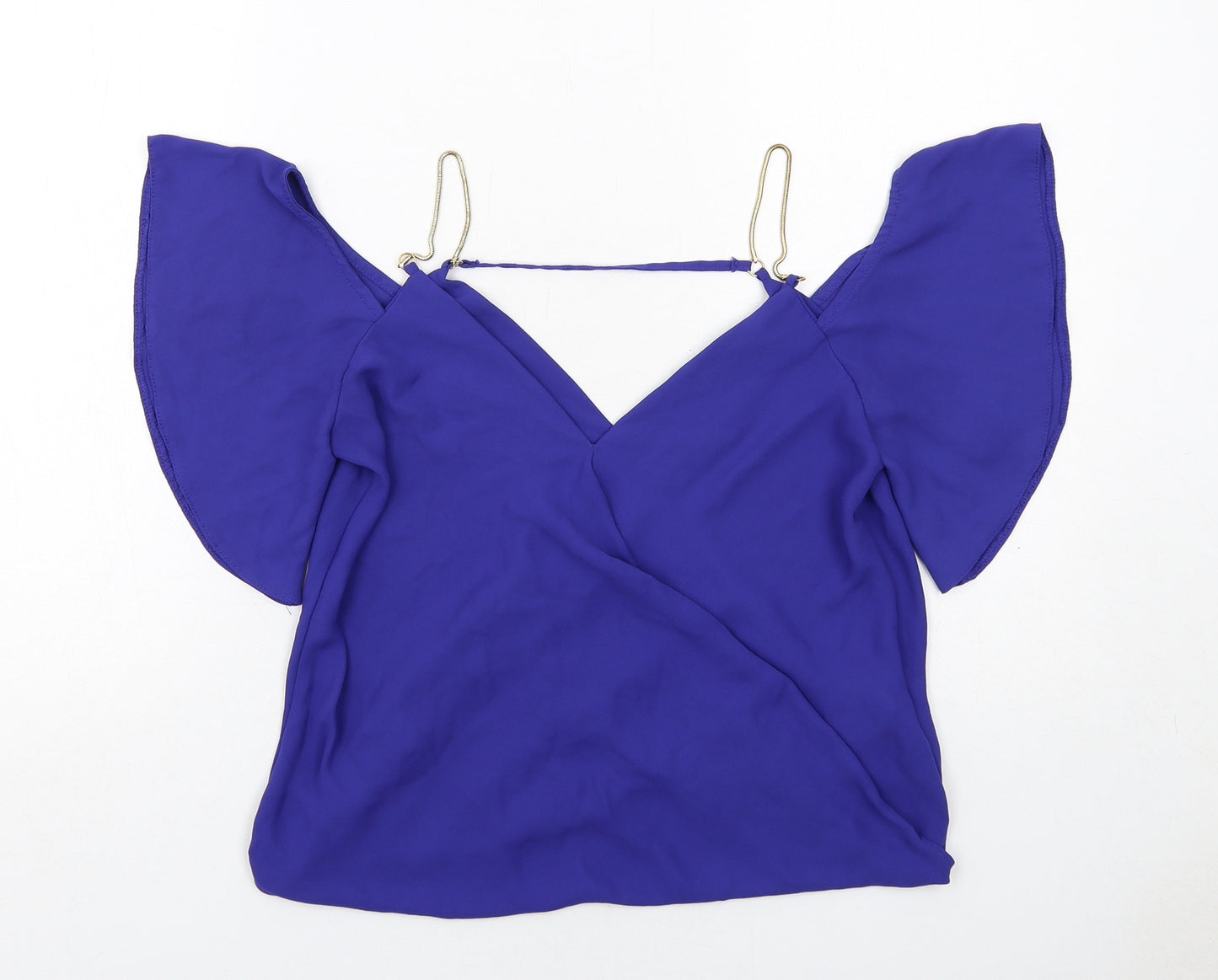New Look Womens Blue Polyester Basic Blouse Size 8 V-Neck - Cold Shoulder, Chain Strap