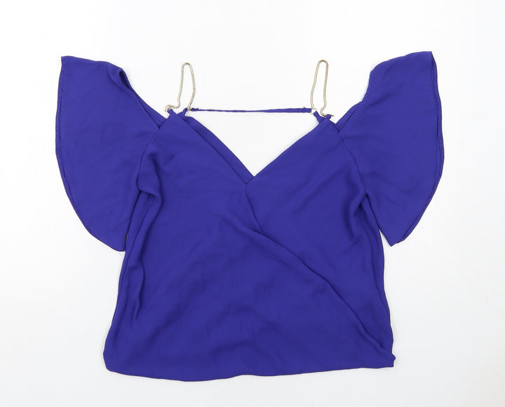 New Look Womens Blue Polyester Basic Blouse Size 8 V-Neck - Cold Shoulder, Chain Strap