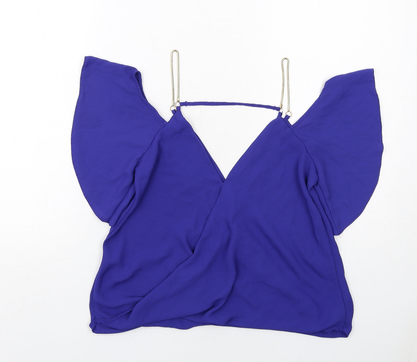 New Look Womens Blue Polyester Basic Blouse Size 8 V-Neck - Cold Shoulder, Chain Strap