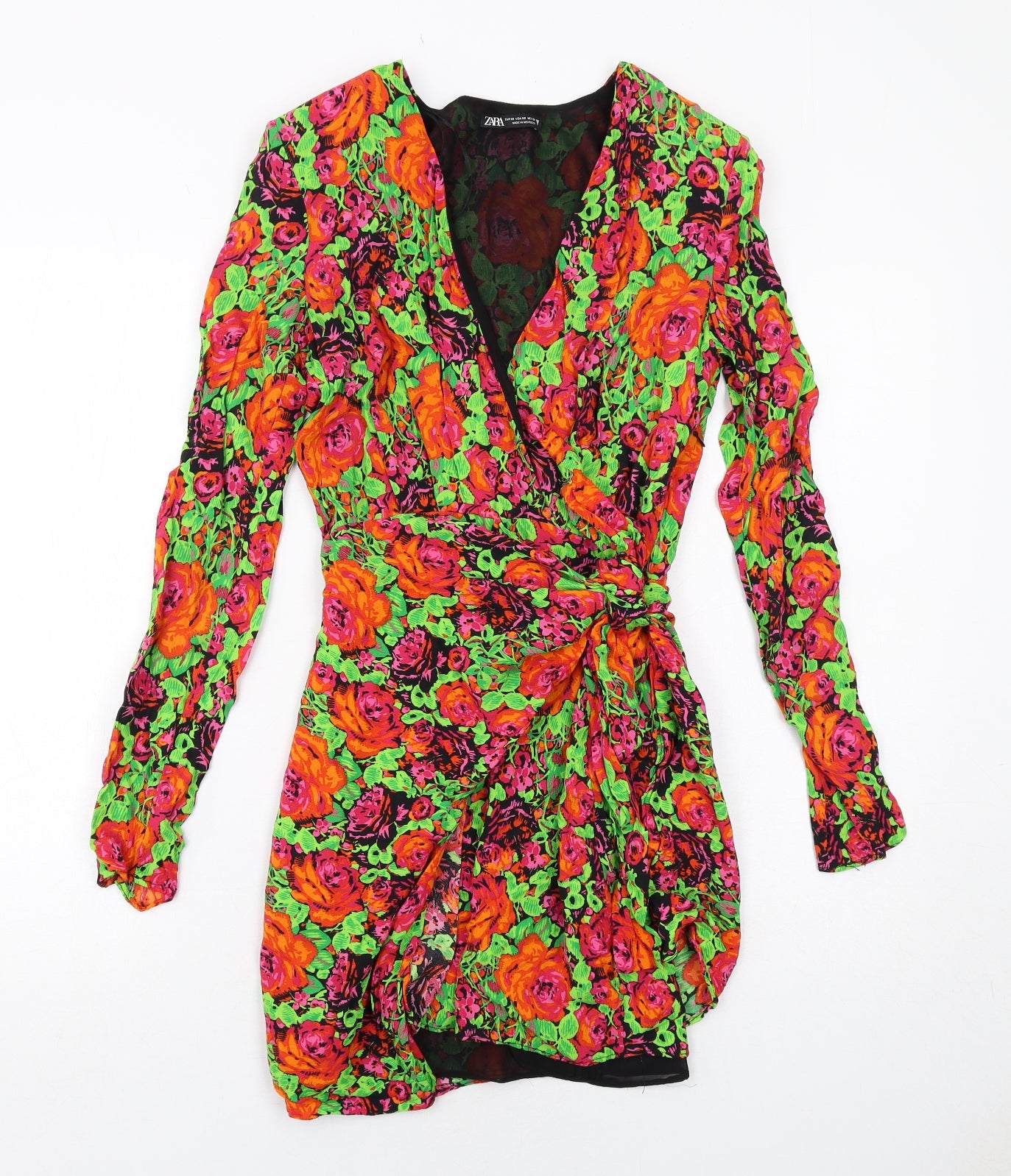 Zara Womens Multicoloured Floral Viscose Shift Size XS V-Neck Zip