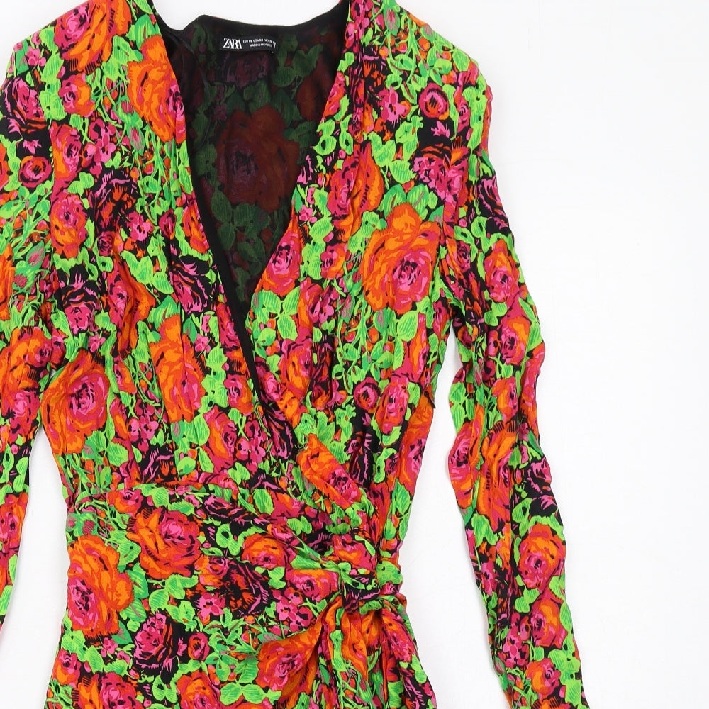 Zara Womens Multicoloured Floral Viscose Shift Size XS V-Neck Zip