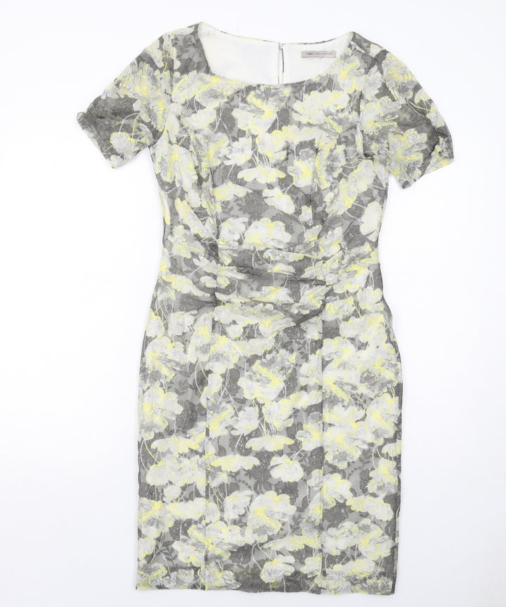 Marks and Spencer Womens Grey Geometric Polyester Shift Size 12 Round Neck Button