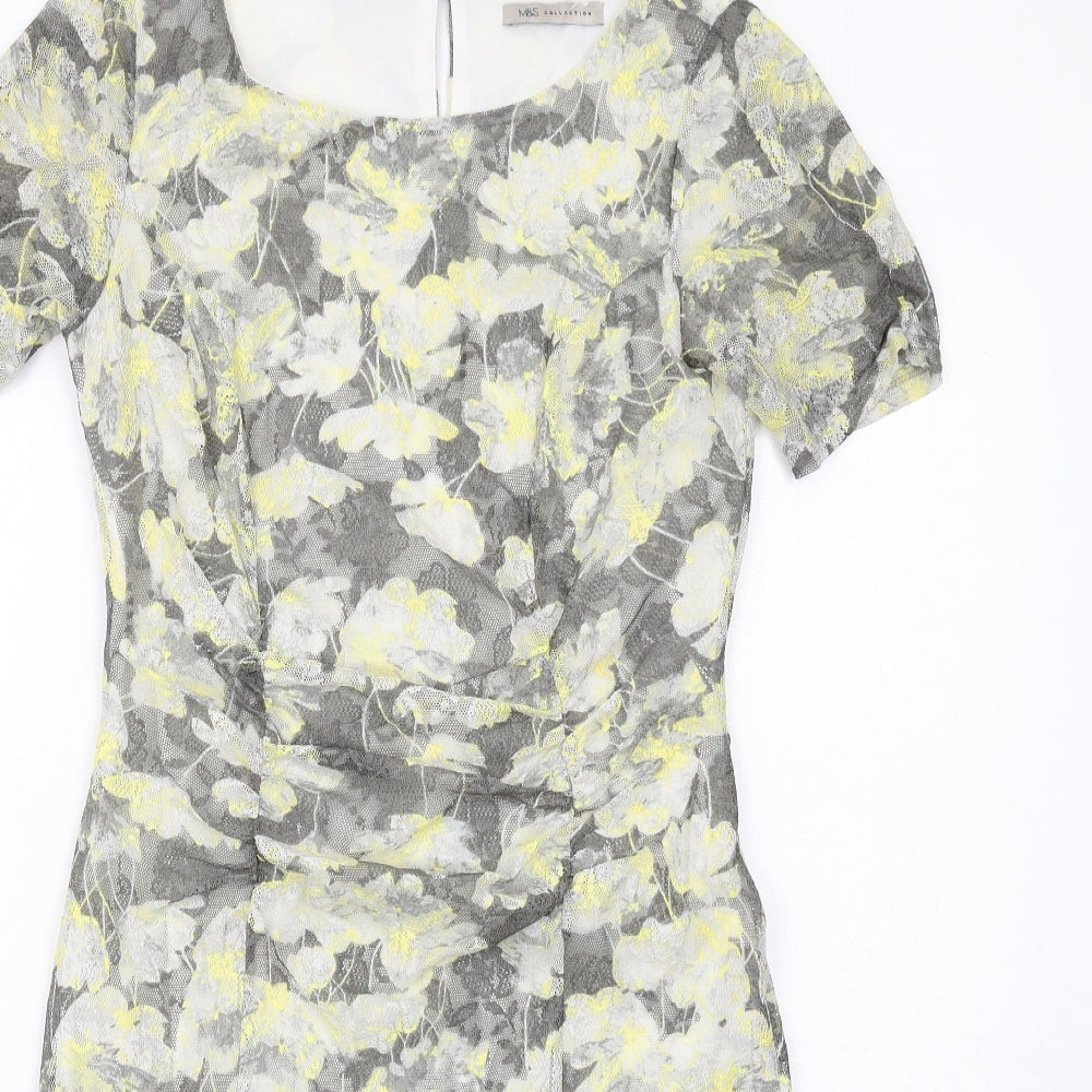 Marks and Spencer Womens Grey Geometric Polyester Shift Size 12 Round Neck Button