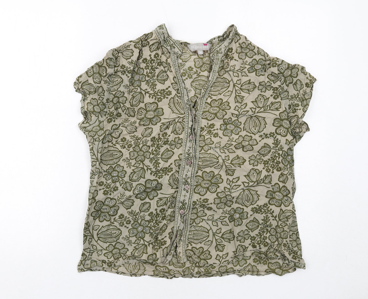 Key West Womens Green Floral Cotton Basic Button-Up Size 14 V-Neck