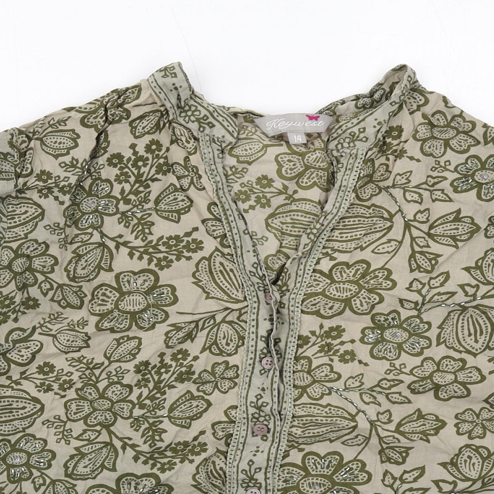 Key West Womens Green Floral Cotton Basic Button-Up Size 14 V-Neck