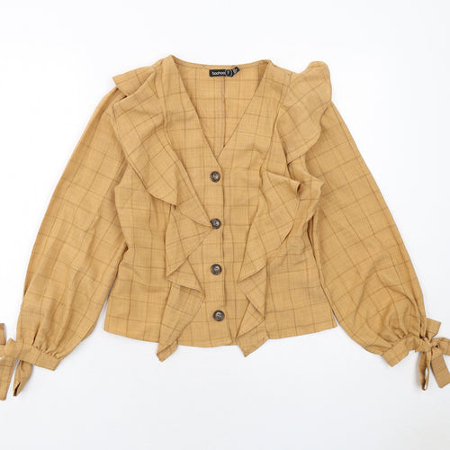 Boohoo Womens Beige Check Polyester Basic Button-Up Size 6 V-Neck