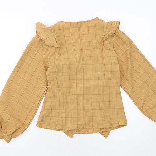 Boohoo Womens Beige Check Polyester Basic Button-Up Size 6 V-Neck