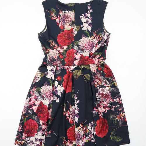 Warehouse Womens Black Floral Polyester A-Line Size 12 Boat Neck Pullover