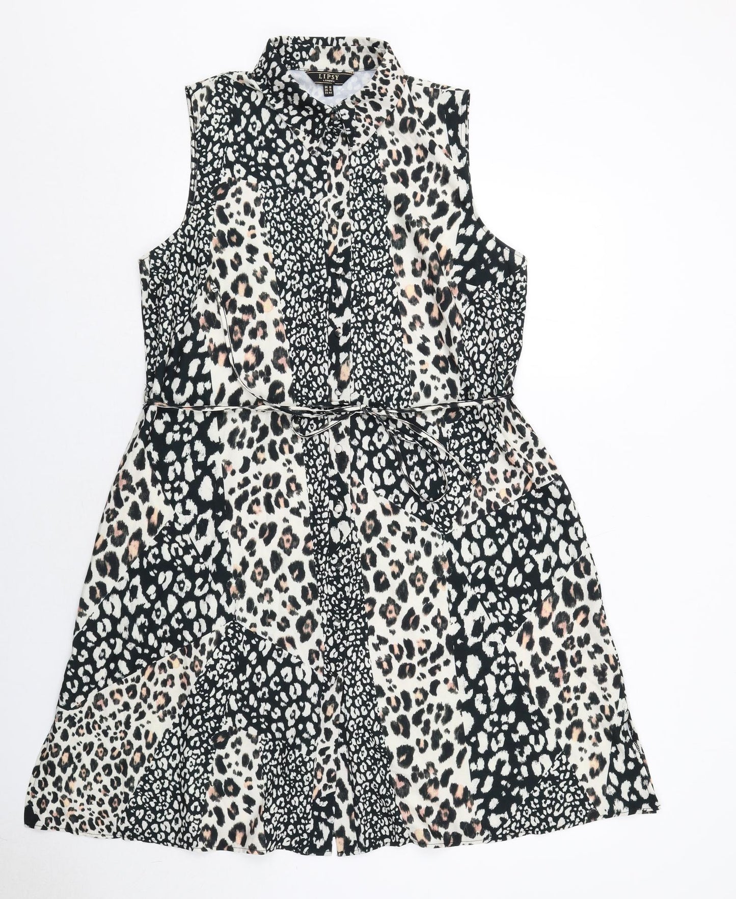 Lipsy Womens Black Animal Print Polyester Shirt Dress Size 16 Collared Button - Leopard Print