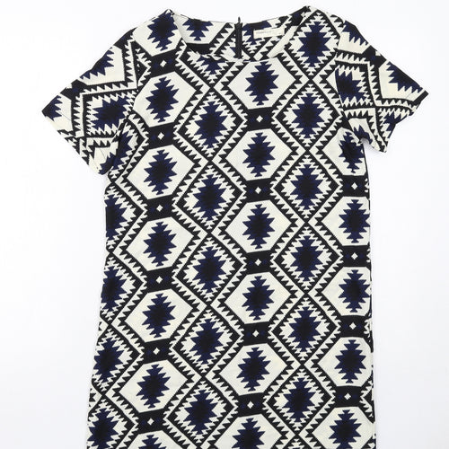 Vera & Lucy Womens White Geometric Polyester Shift Size M Boat Neck Zip