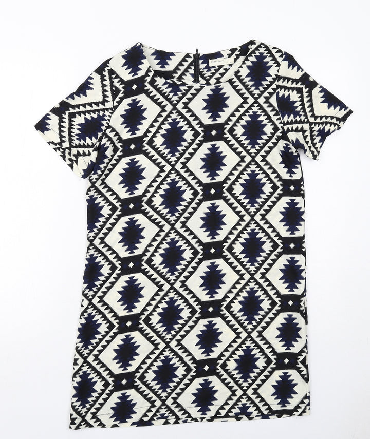 Vera & Lucy Womens White Geometric Polyester Shift Size M Boat Neck Zip