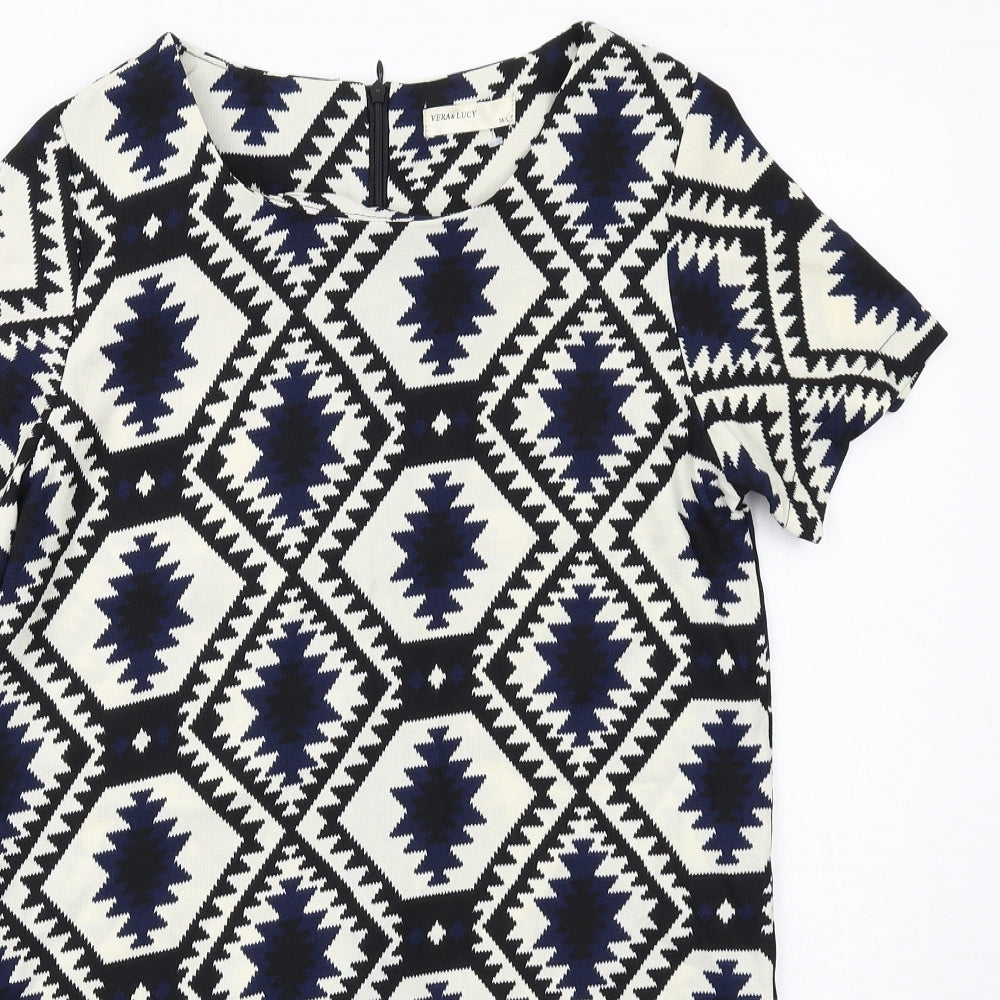 Vera & Lucy Womens White Geometric Polyester Shift Size M Boat Neck Zip