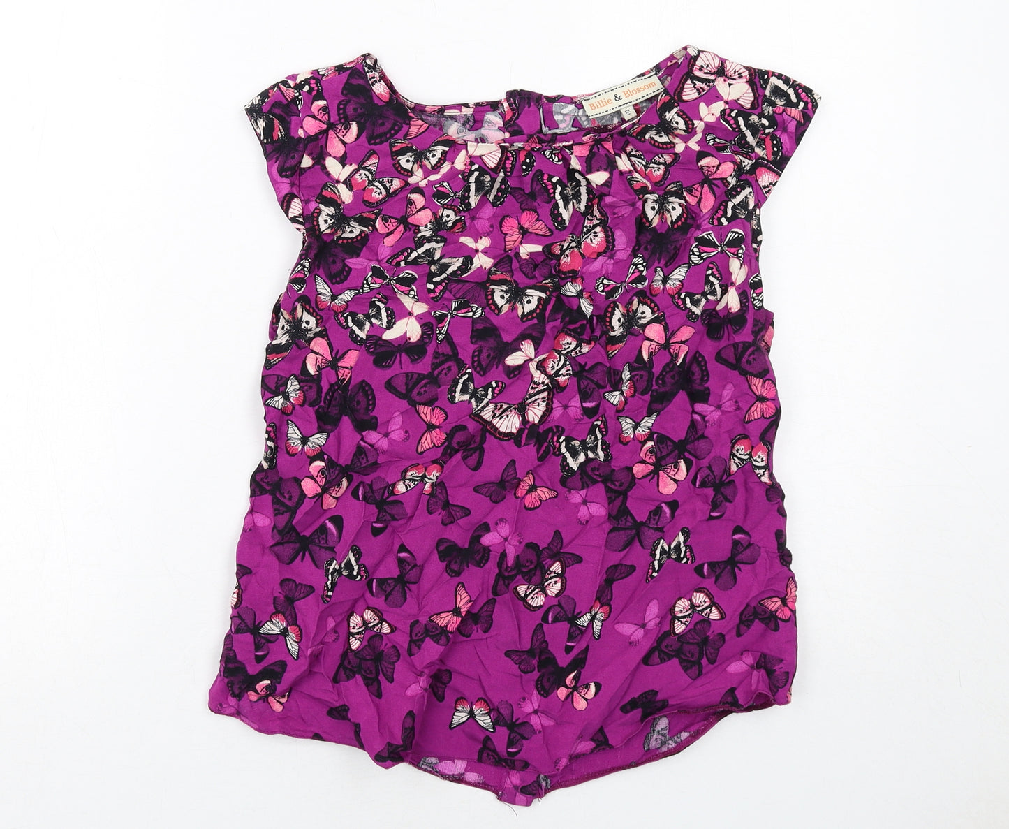 Dorothy Perkins Womens Purple Geometric Viscose Basic Blouse Size 12 Round Neck - Butterfly Pattern
