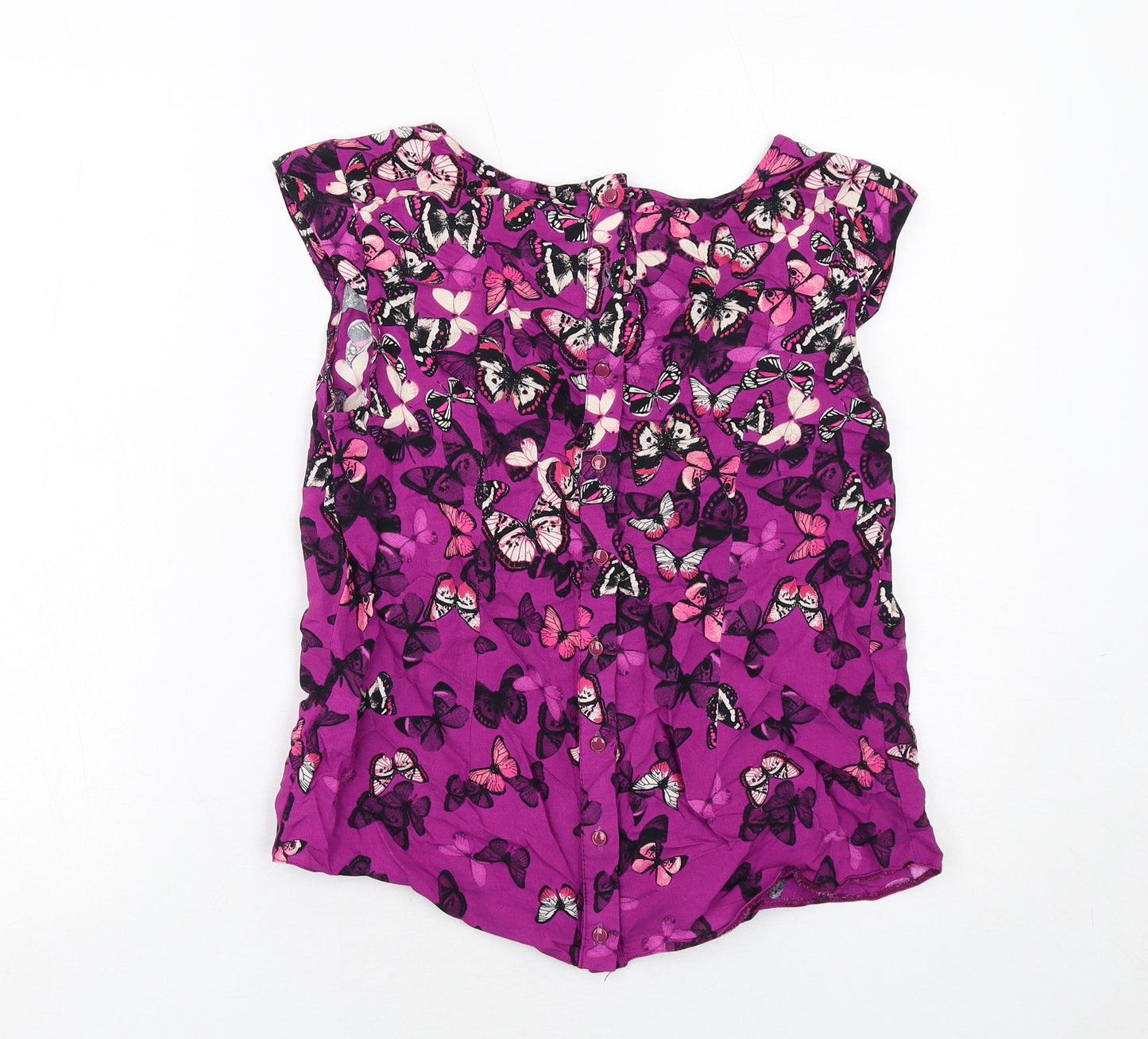 Dorothy Perkins Womens Purple Geometric Viscose Basic Blouse Size 12 Round Neck - Butterfly Pattern