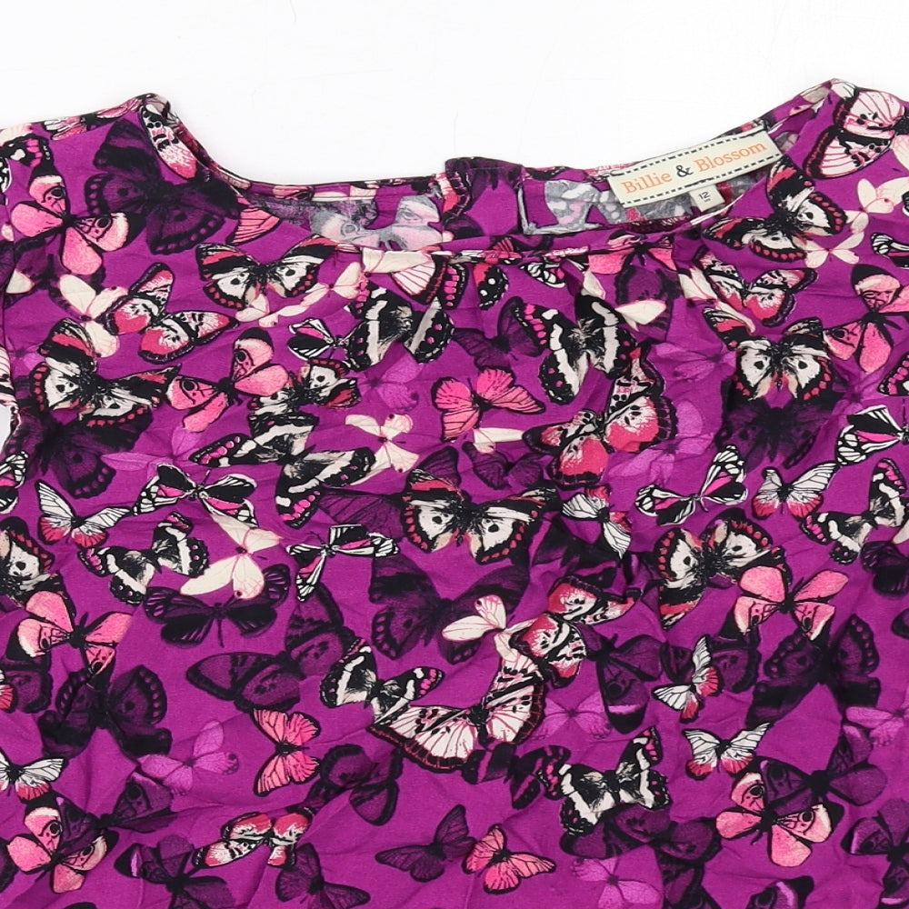 Dorothy Perkins Womens Purple Geometric Viscose Basic Blouse Size 12 Round Neck - Butterfly Pattern