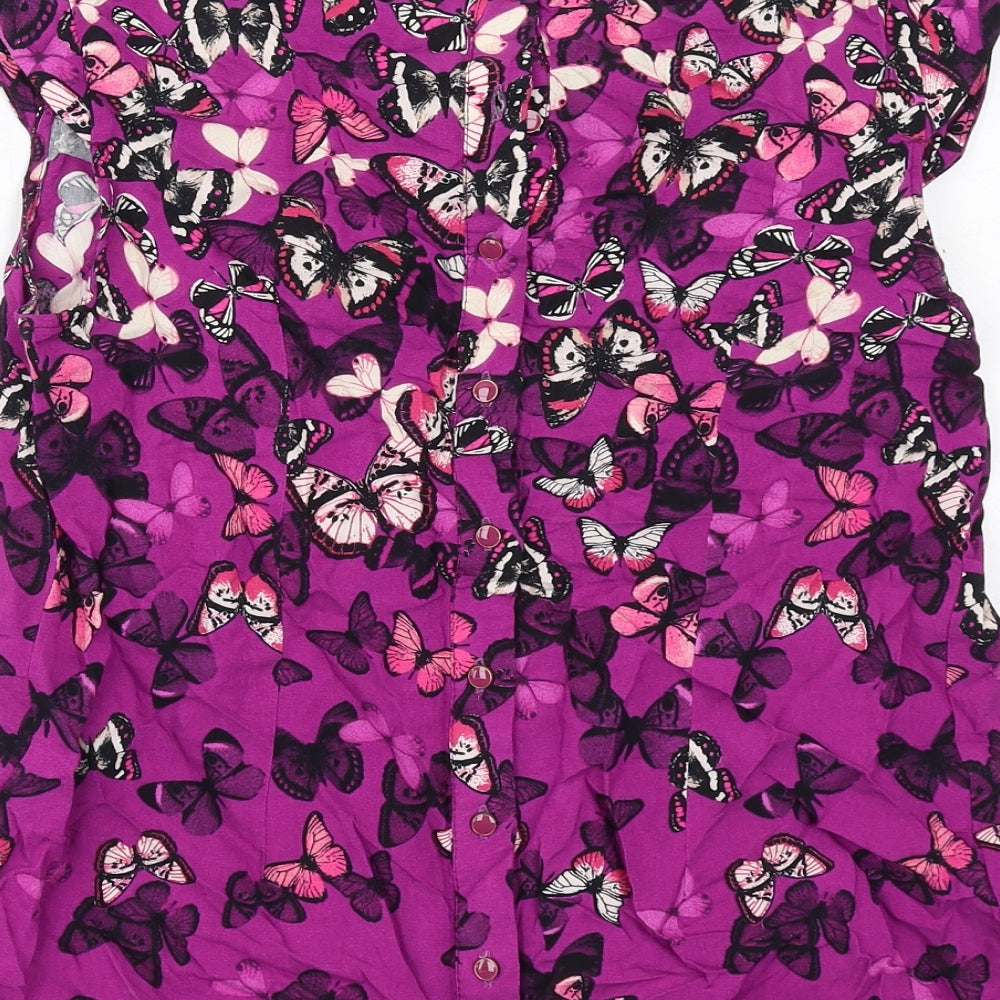 Dorothy Perkins Womens Purple Geometric Viscose Basic Blouse Size 12 Round Neck - Butterfly Pattern