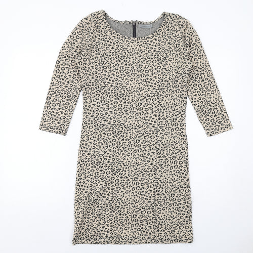 Soaked in Luxury Womens Beige Animal Print Polyester Sheath Size S Boat Neck Zip - Leopard Print