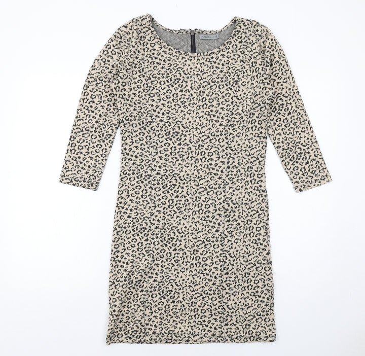 Soaked in Luxury Womens Beige Animal Print Polyester Sheath Size S Boat Neck Zip - Leopard Print