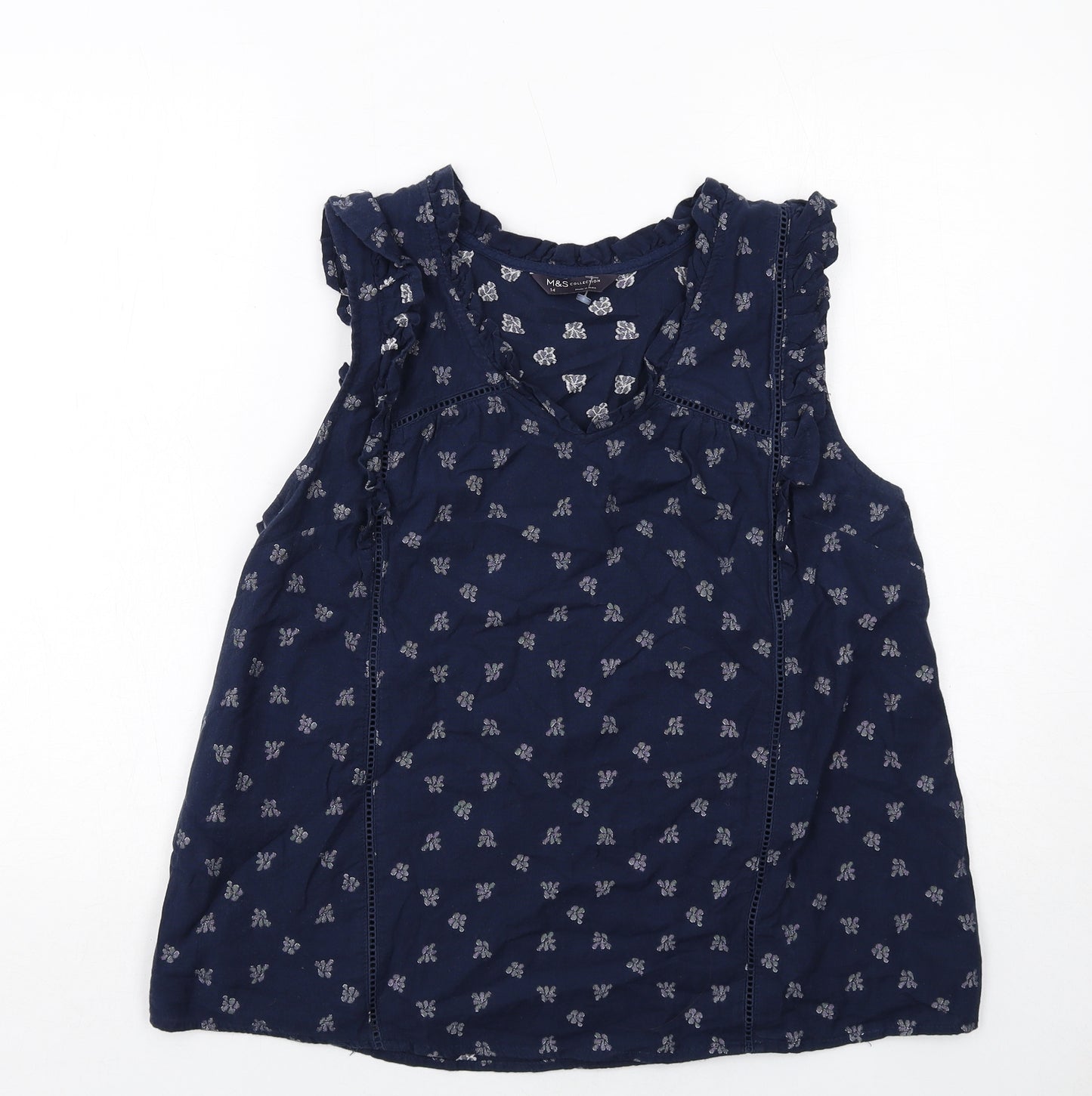Marks and Spencer Womens Blue Geometric Cotton Basic Tank Size 14 V-Neck