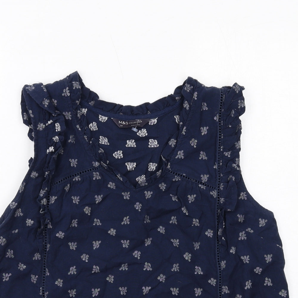 Marks and Spencer Womens Blue Geometric Cotton Basic Tank Size 14 V-Neck
