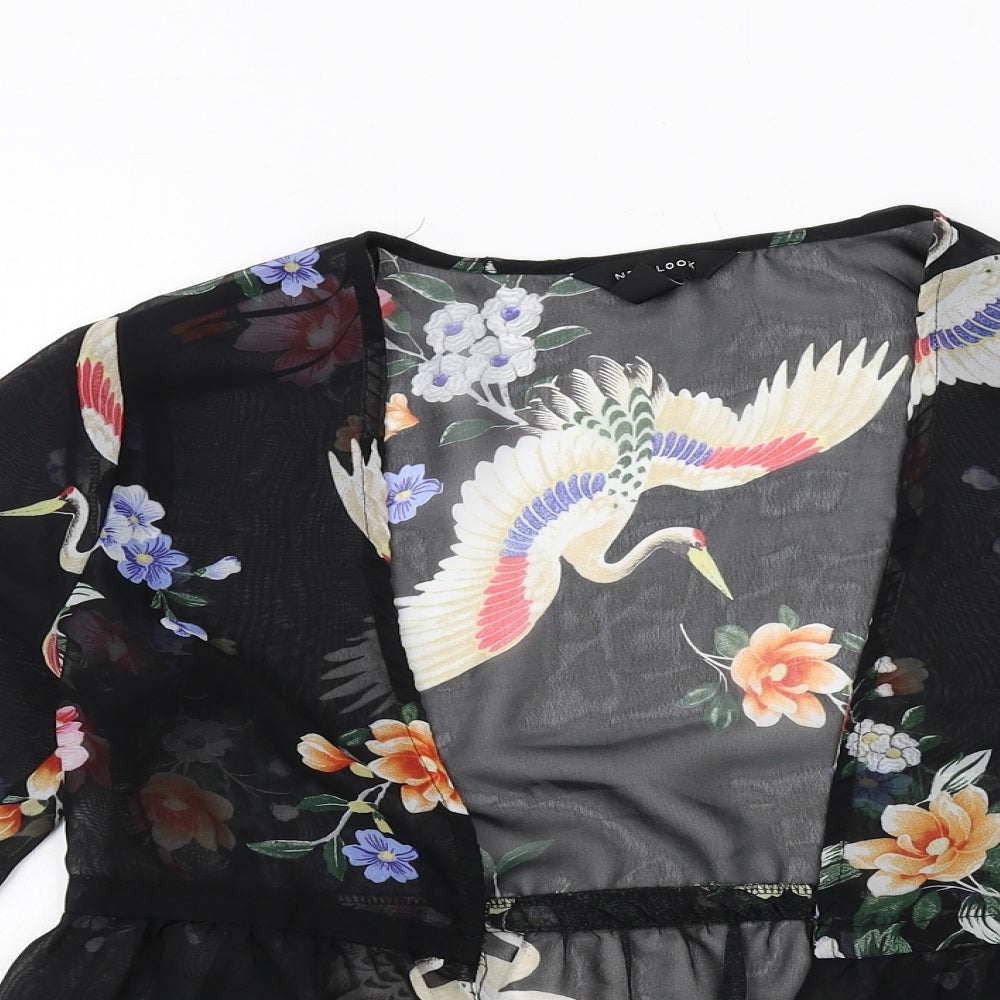 New Look Womens Black Geometric Polyester Kimono Blouse Size 8 V-Neck