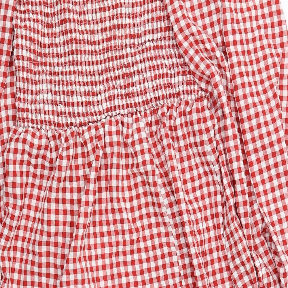Missguided Womens Red Check Cotton A-Line Size 20 Off the Shoulder Pullover - Shirred Top