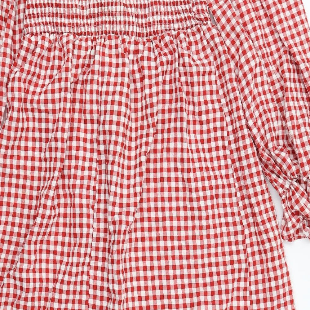 Missguided Womens Red Check Cotton A-Line Size 20 Off the Shoulder Pullover - Shirred Top