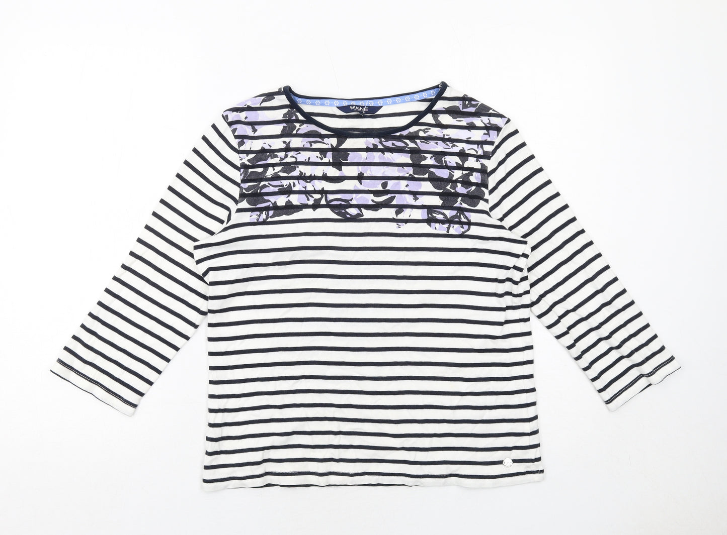 Maine Womens White Striped Cotton Basic Blouse Size 14 Round Neck - Flower Print