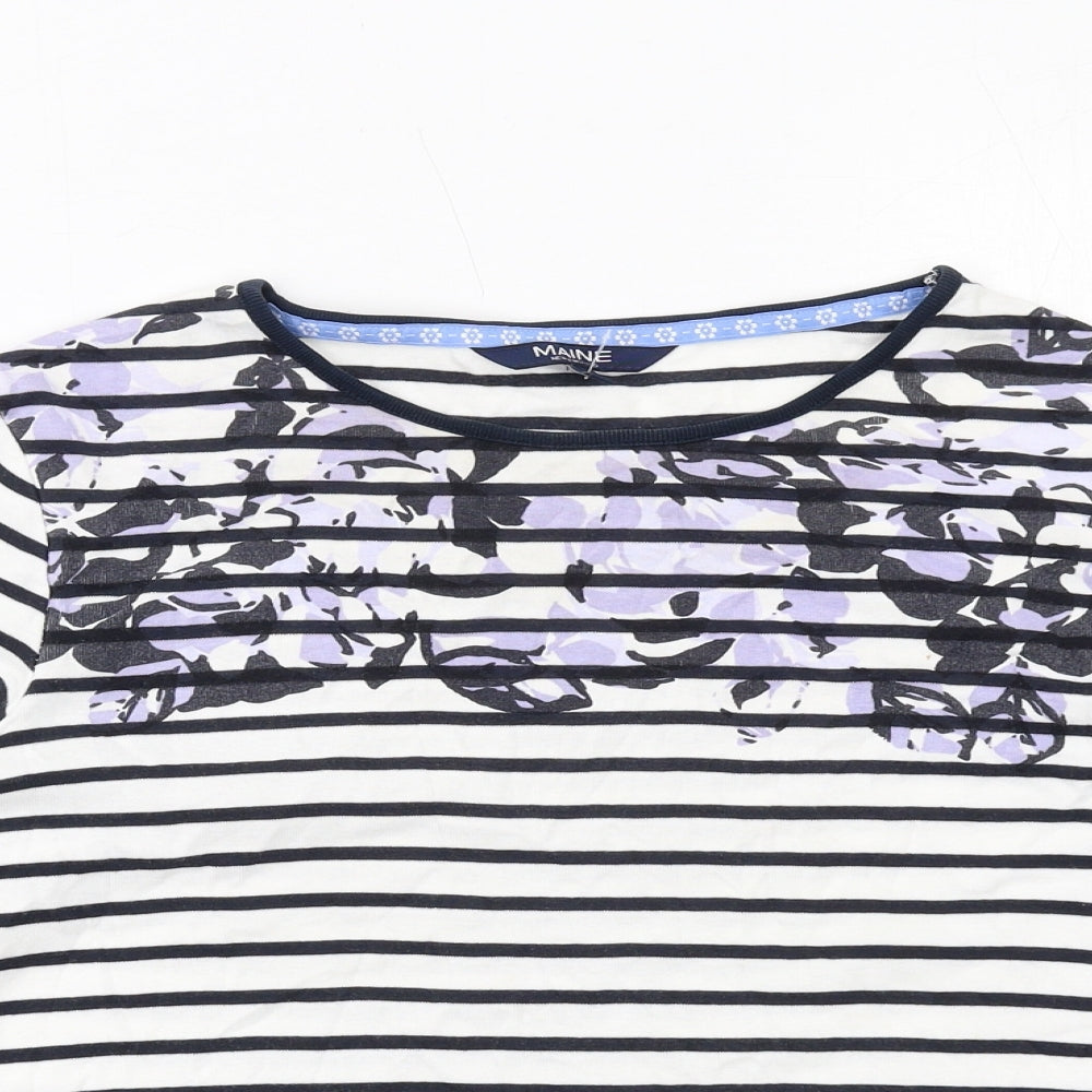 Maine Womens White Striped Cotton Basic Blouse Size 14 Round Neck - Flower Print