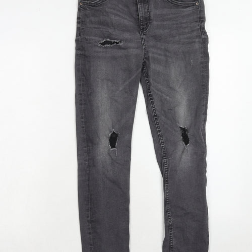 River Island Boys Grey Cotton Skinny Jeans Size 12 Years Regular Zip - Distressed