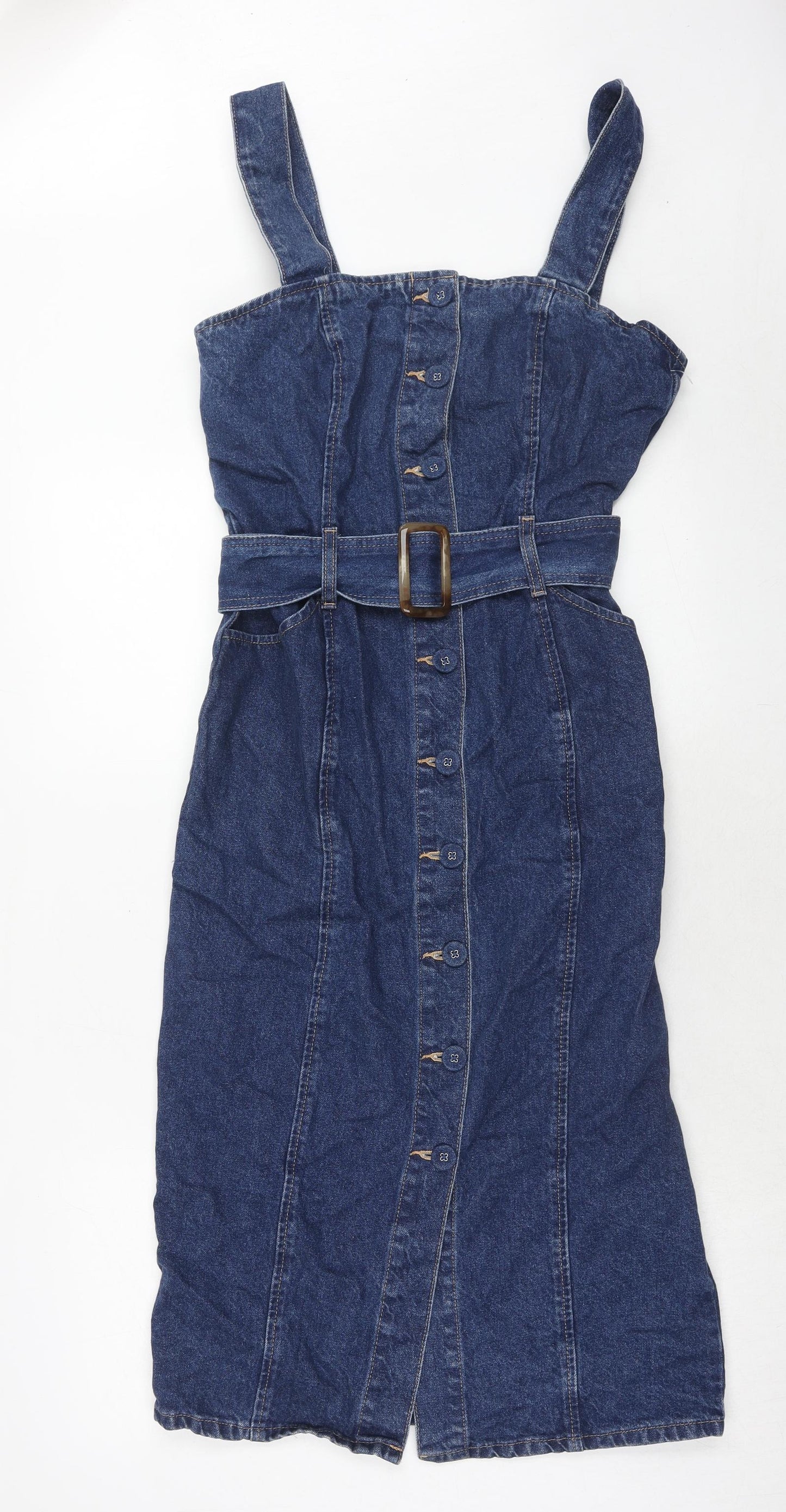 NEXT Womens Blue Cotton Shift Size 12 Square Neck Button