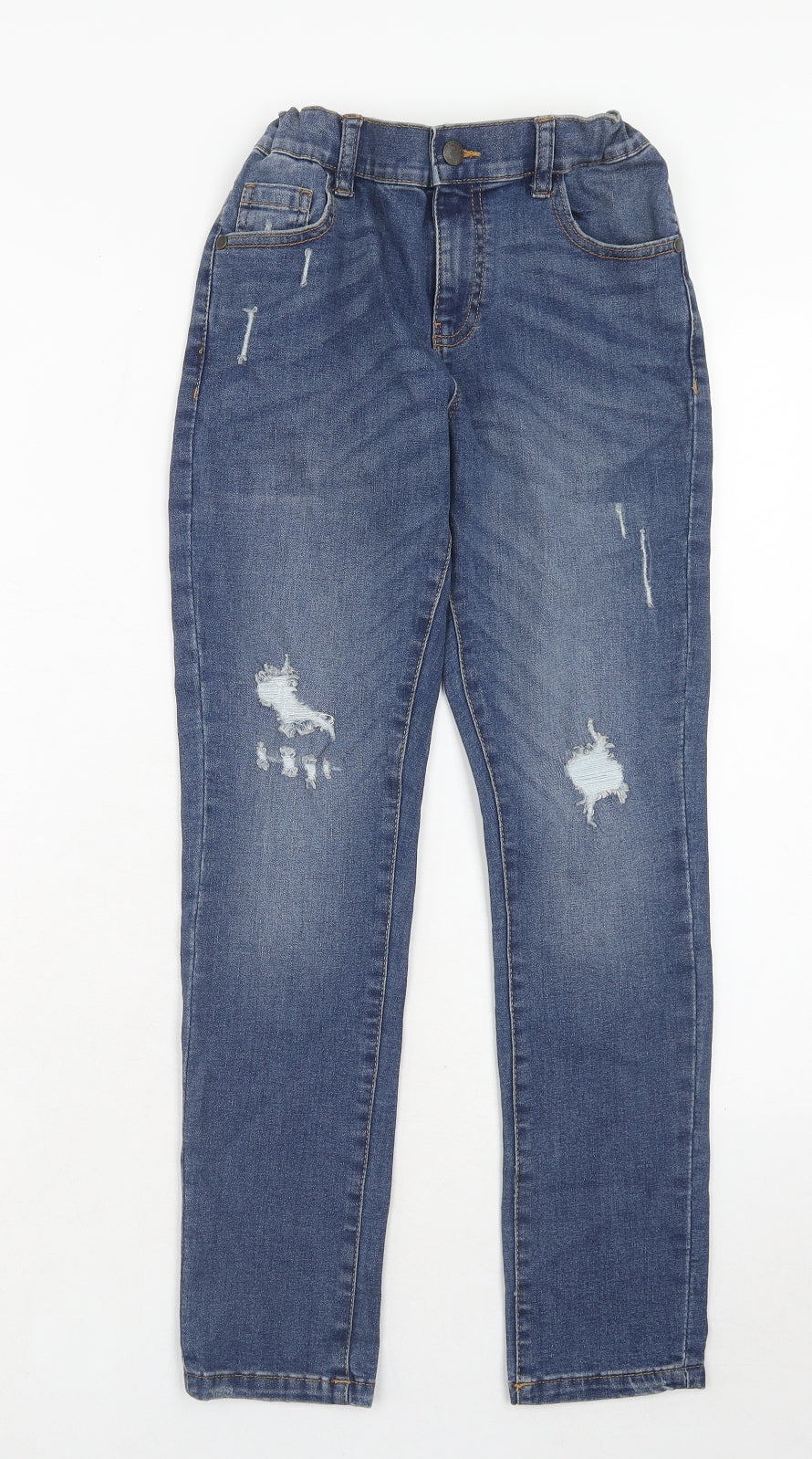 Marks and Spencer Girls Blue Cotton Straight Jeans Size 11-12 Years Regular Zip - Distressed