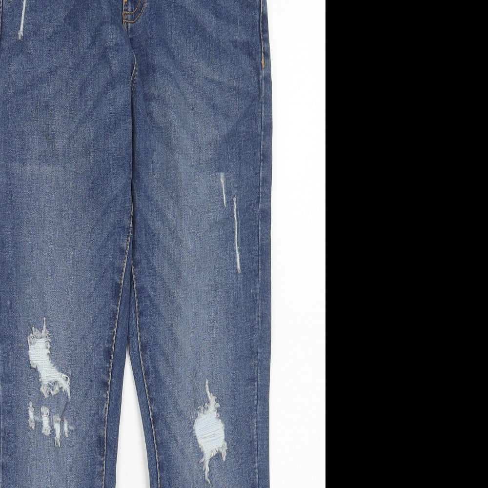 Marks and Spencer Girls Blue Cotton Straight Jeans Size 11-12 Years Regular Zip - Distressed