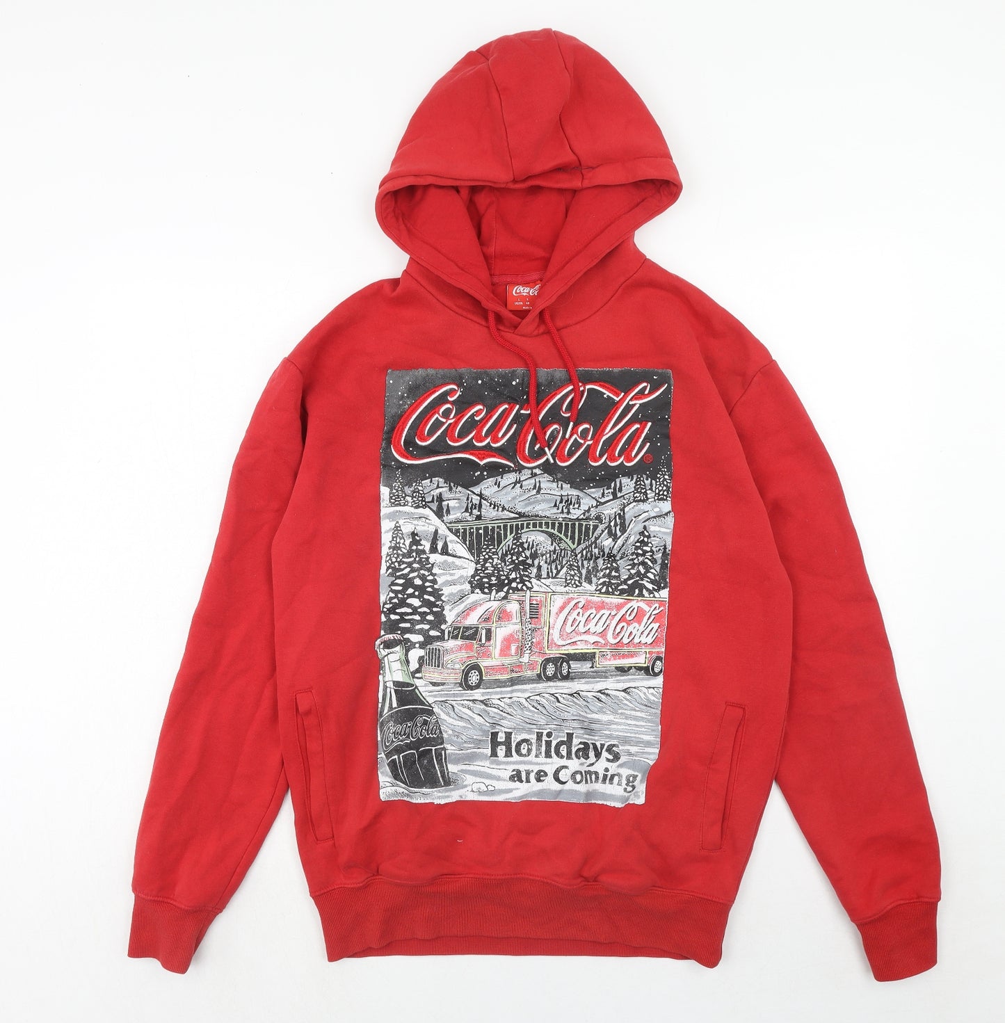 Coca-Cola Mens Red Cotton Pullover Hoodie Size L - Christmas