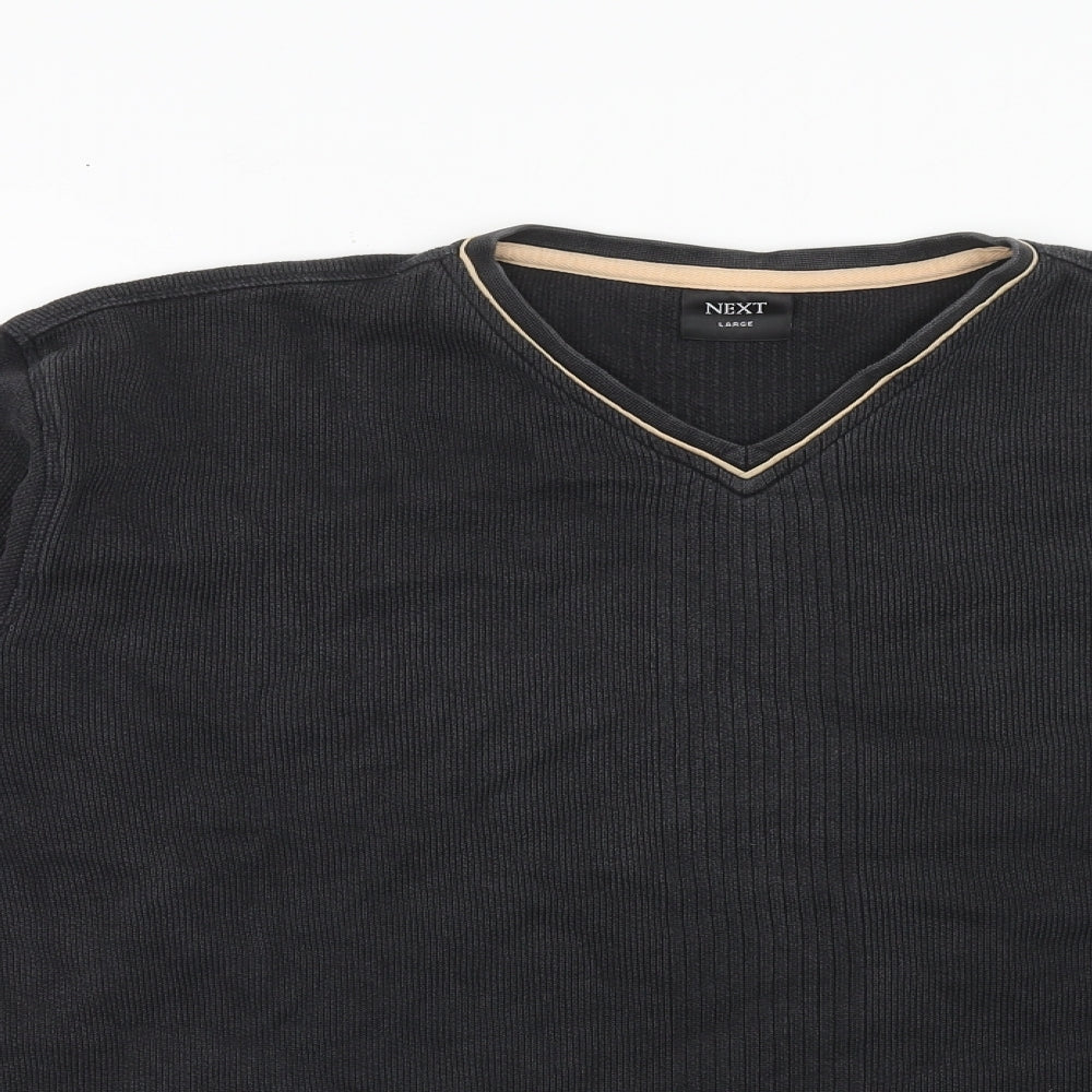 NEXT Mens Black V-Neck Cotton Pullover Jumper Size L Long Sleeve