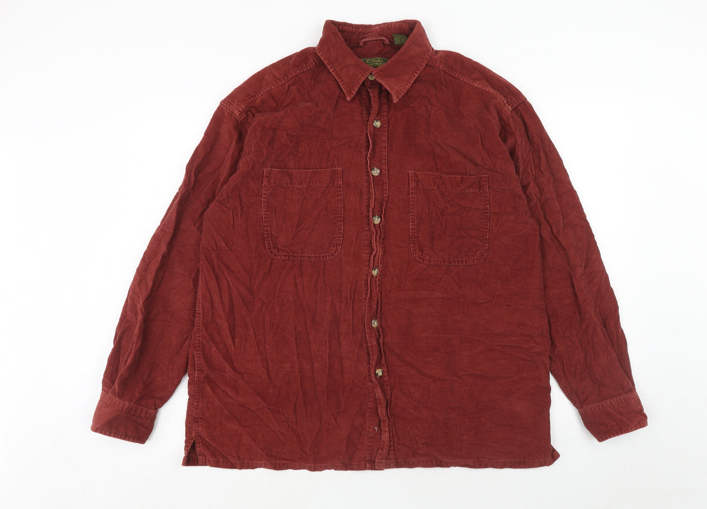 C.O.L Mens Red Cotton Button-Up Size L Collared Button