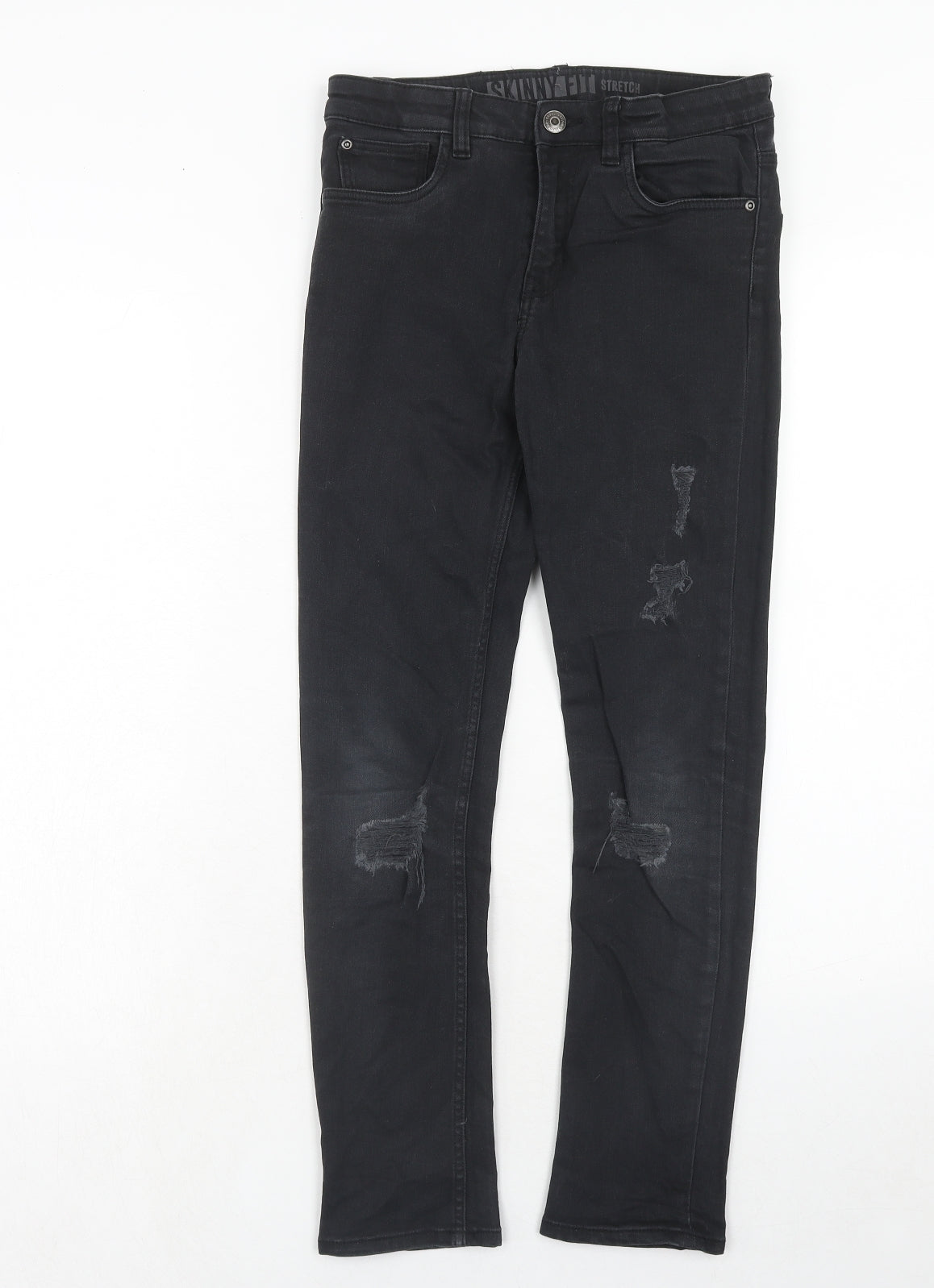 H&M Boys Black Cotton Skinny Jeans Size 11-12 Years Regular Zip - Distressed