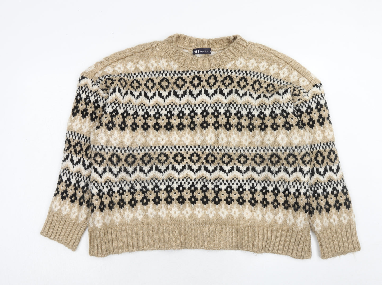 Marks and Spencer Womens Brown Round Neck Geometric Acrylic Pullover Jumper Size L