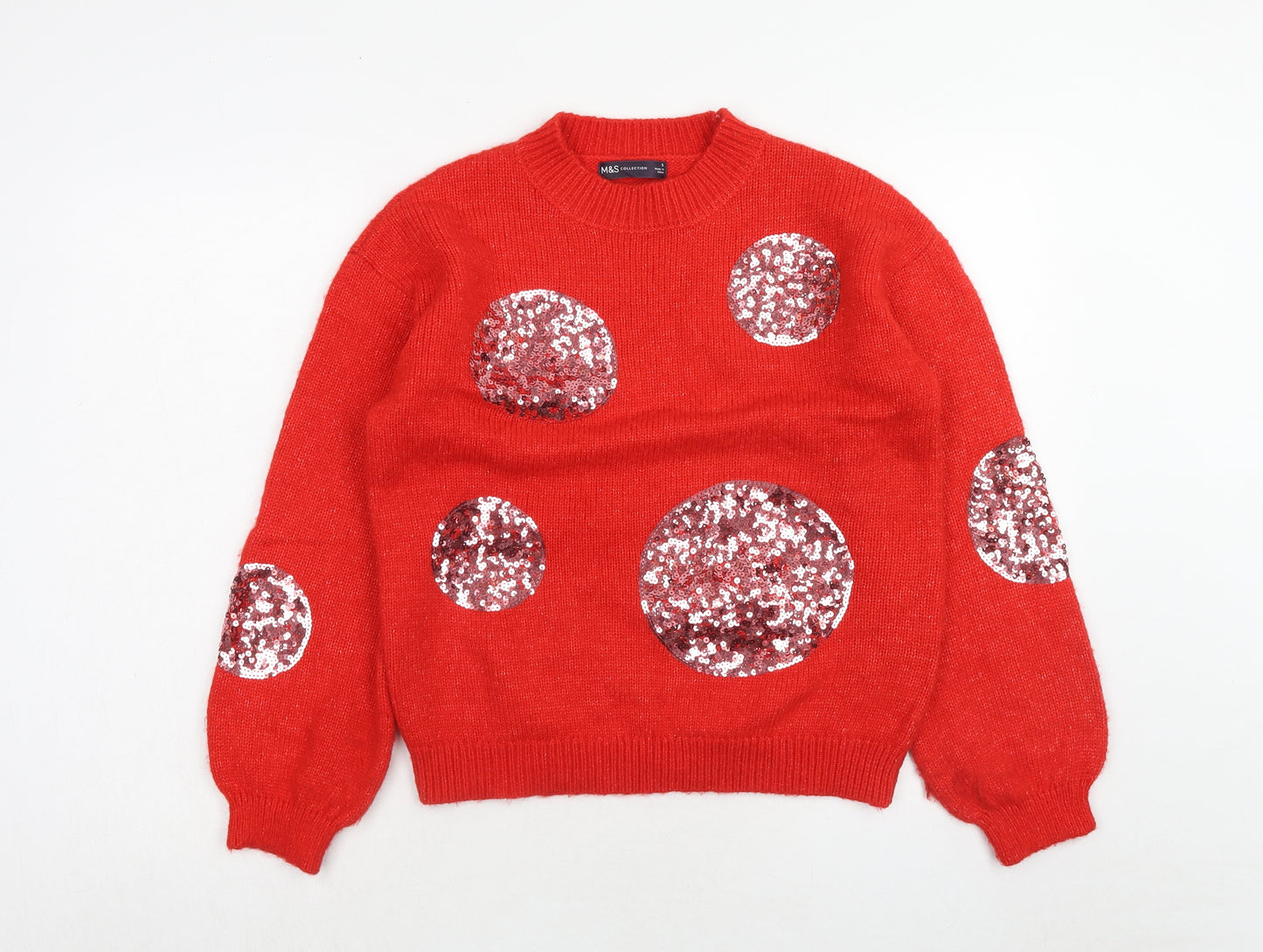 Marks and Spencer Womens Red Round Neck Geometric Acrylic Pullover Jumper Size S