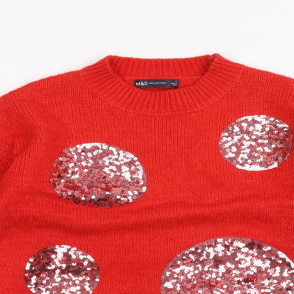 Marks and Spencer Womens Red Round Neck Geometric Acrylic Pullover Jumper Size S