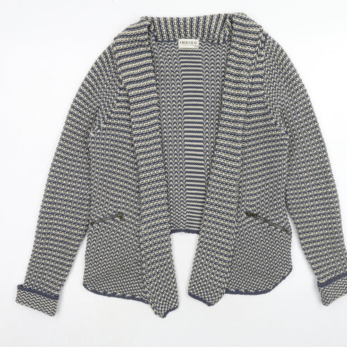 Indigo Womens Blue V-Neck Geometric Cotton Cardigan Jumper Size 8