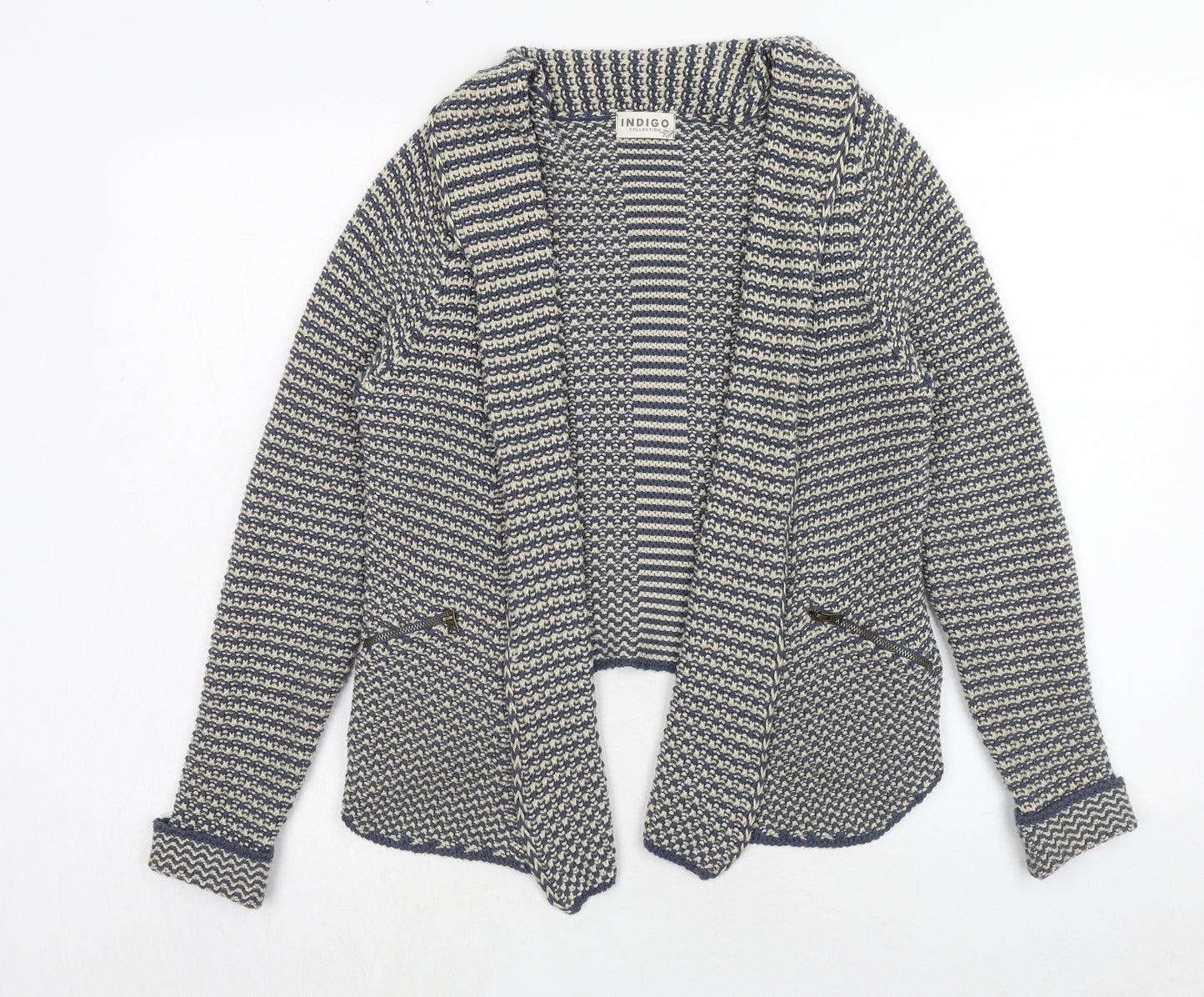Indigo Womens Blue V-Neck Geometric Cotton Cardigan Jumper Size 8