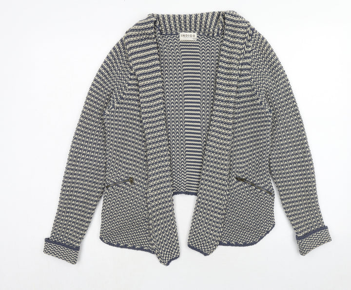 Indigo Womens Blue V-Neck Geometric Cotton Cardigan Jumper Size 8