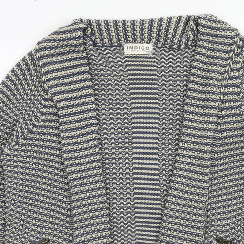 Indigo Womens Blue V-Neck Geometric Cotton Cardigan Jumper Size 8