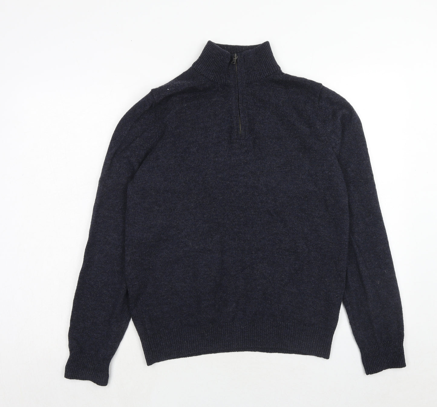 Marks and Spencer Mens Blue High Neck Wool Henley Jumper Size M Long Sleeve
