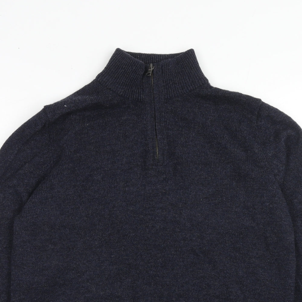 Marks and Spencer Mens Blue High Neck Wool Henley Jumper Size M Long Sleeve